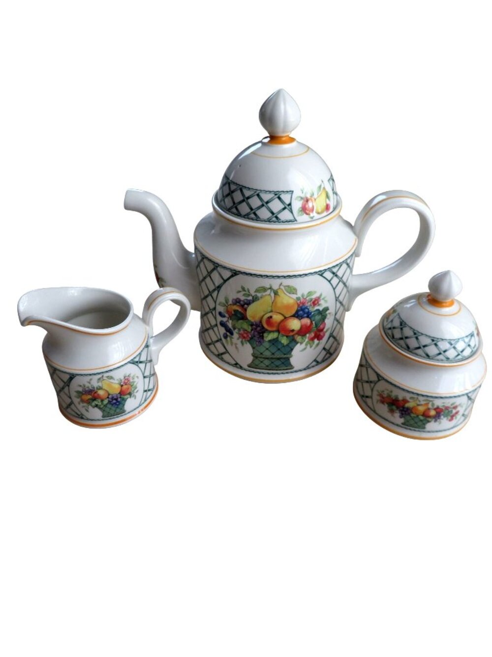 Villeroy & Boch Basket Porcelain Tea Set Teapot Creamer Sugar Bowl Fruit Motif